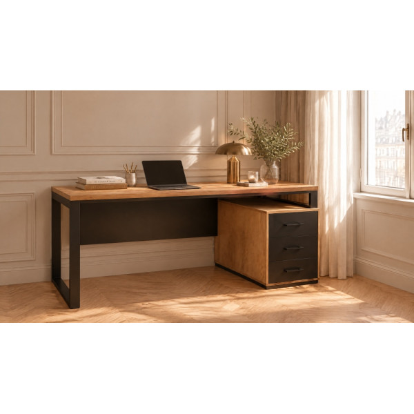 Biurko Atelier — blat dębowy lub MDF 36 mm, czarna stal